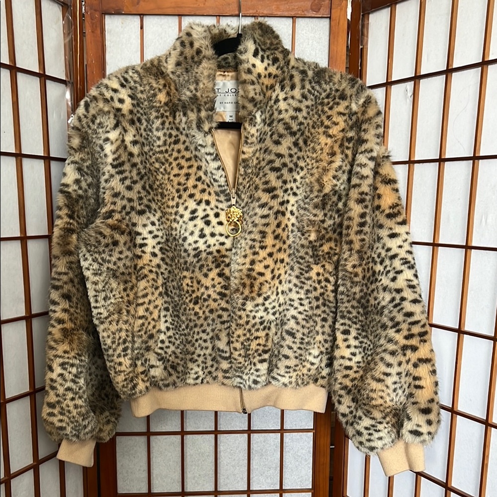 St. John Coat Collection by Marie Gray Cheetah Faux Fur Bomber Jacket M